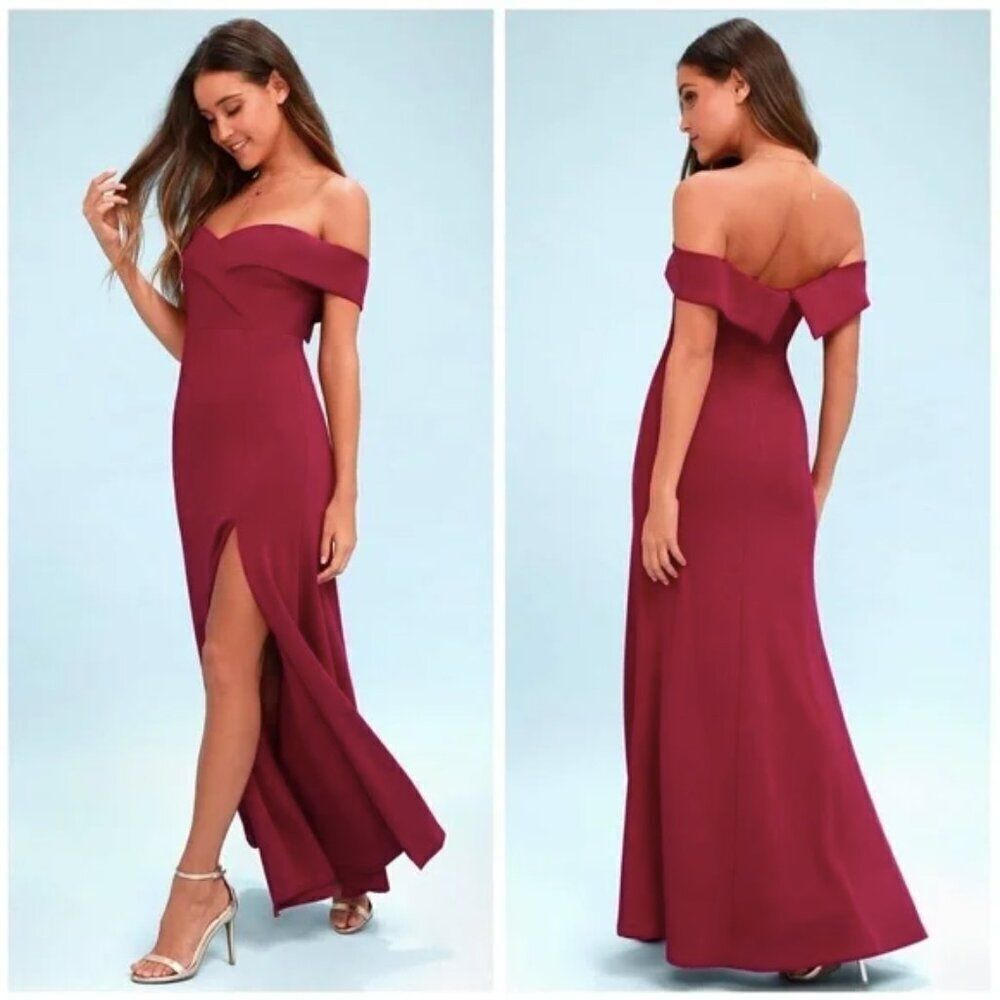 NWT Lulus berry magenta off shoulder Song Of Love maxi bridesmaid dress gown